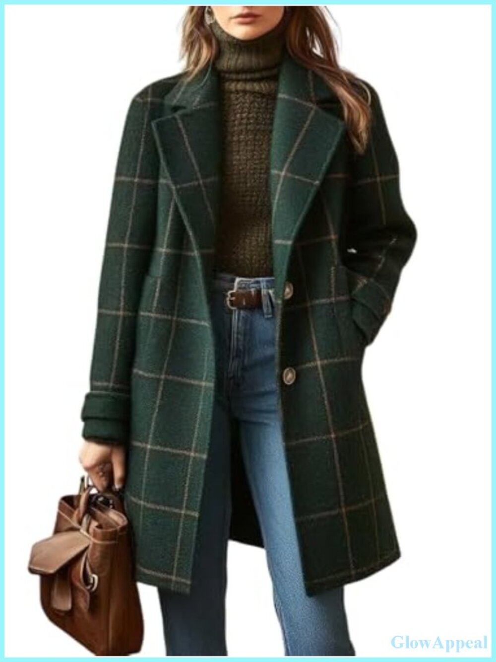 Wool Trench Coat Women Notched Collar Plaid Button Down Mid Long Overcoat